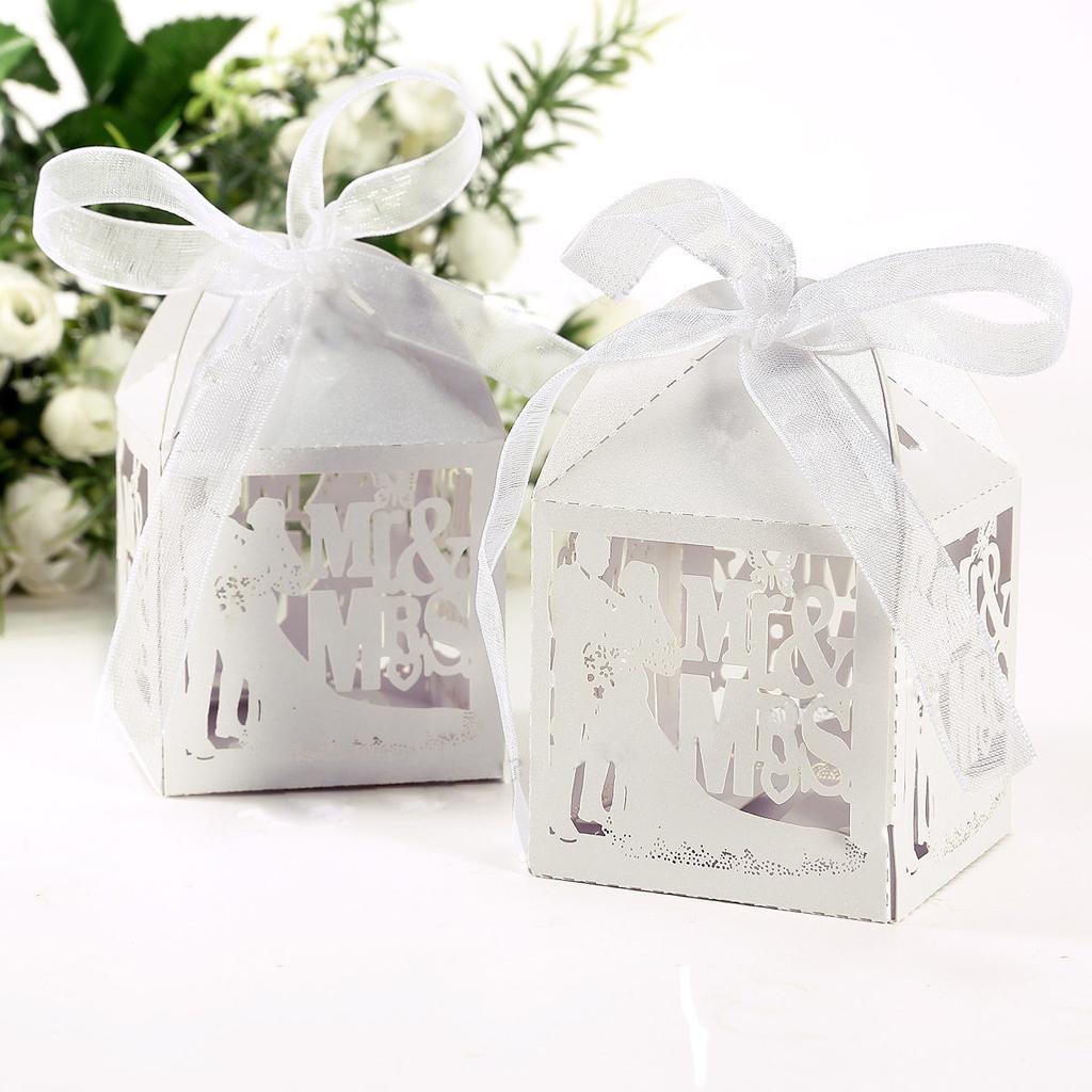 50pcs Bride Groom Laser Cut Gift Candy Boxes with Ribbon Wedding Party Favor