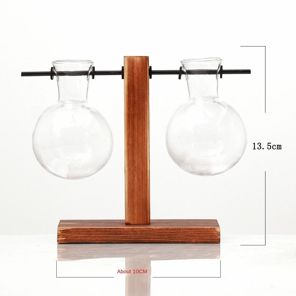 Desktop Clear Glass Planter Bulb Vase with Retro Solid Wooden Stand Style2