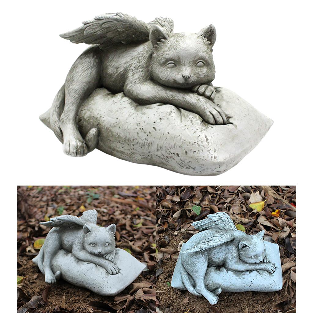 Pet Cat Statue in Angel Wing Tribute Figurine Sculpture Outdoor Garden Decor