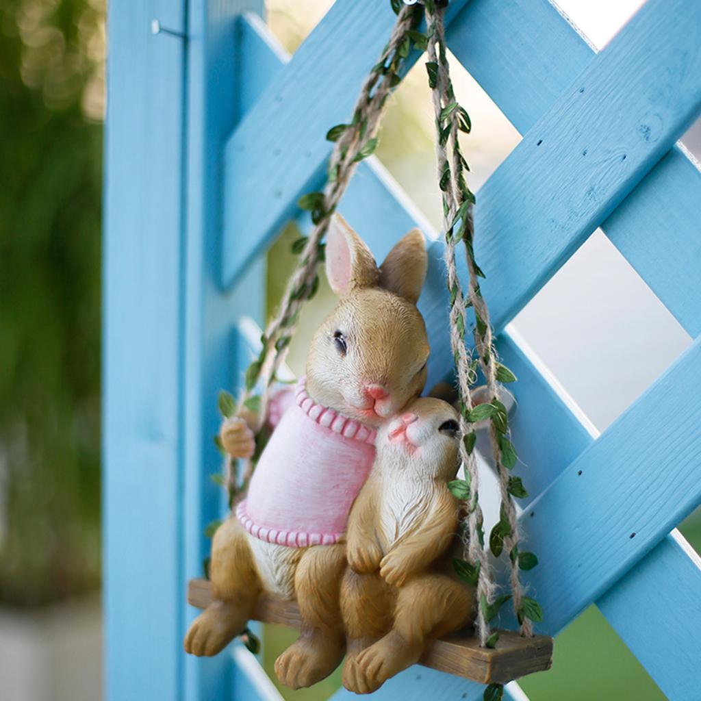 Swing Rabbit Statue Cute Resin Animal Sculpture Patio Yard Decoration Pink