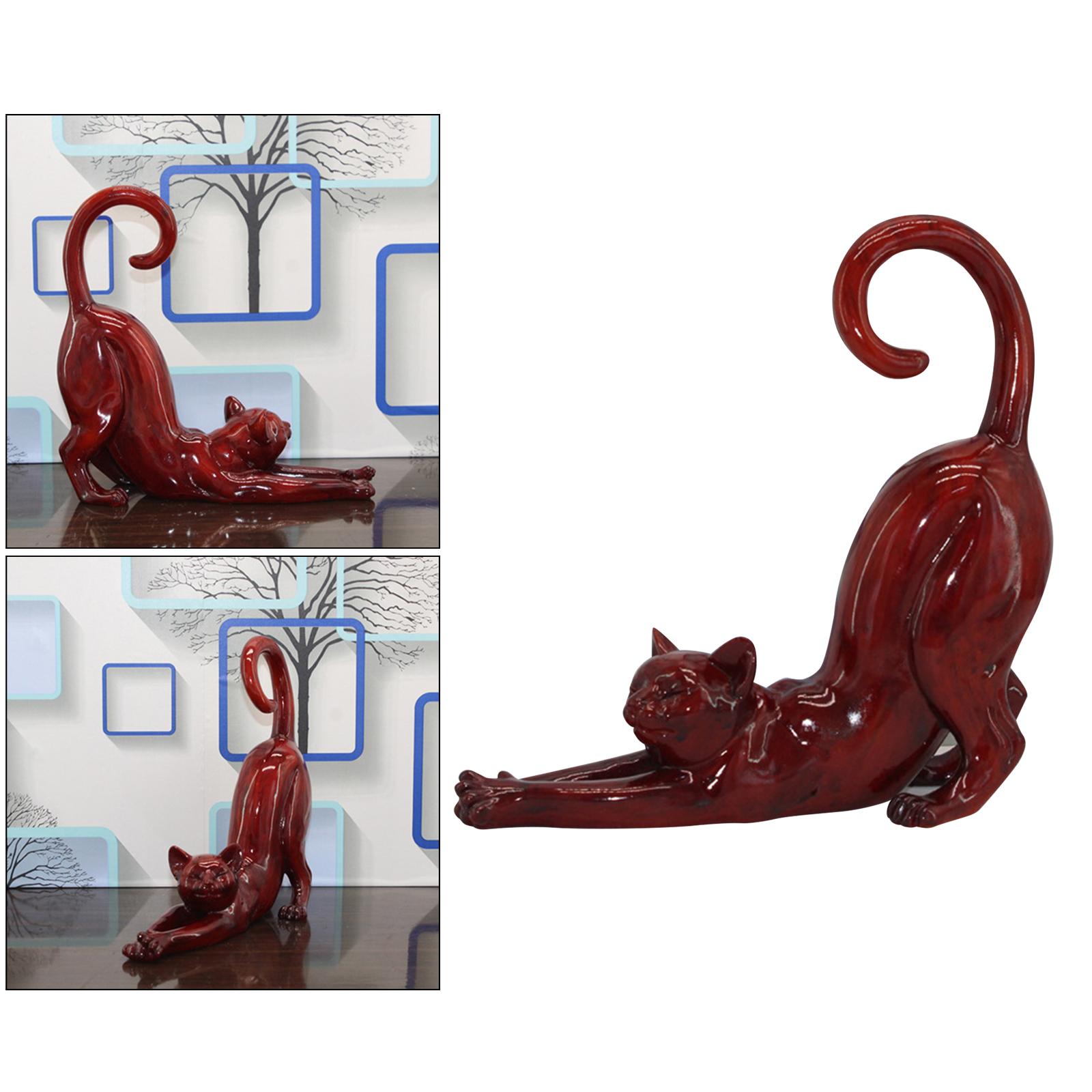 Creative Cat Figurine Decorative Cat Stretching Figurine Home Decor Red