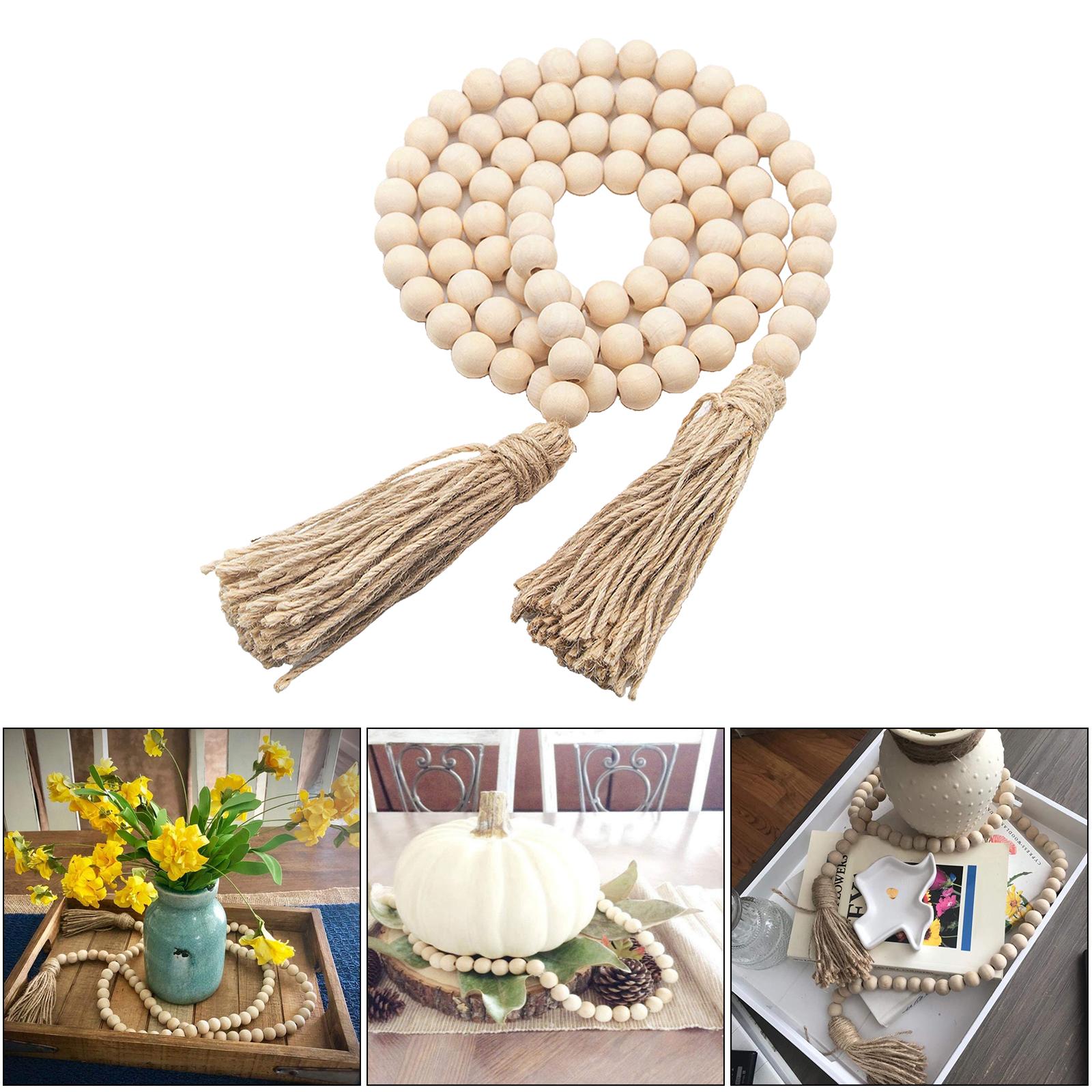 Farmhouse Wood Bead Garland Prayer Beads w/ Tassels Walling Hanging Garland 14mm