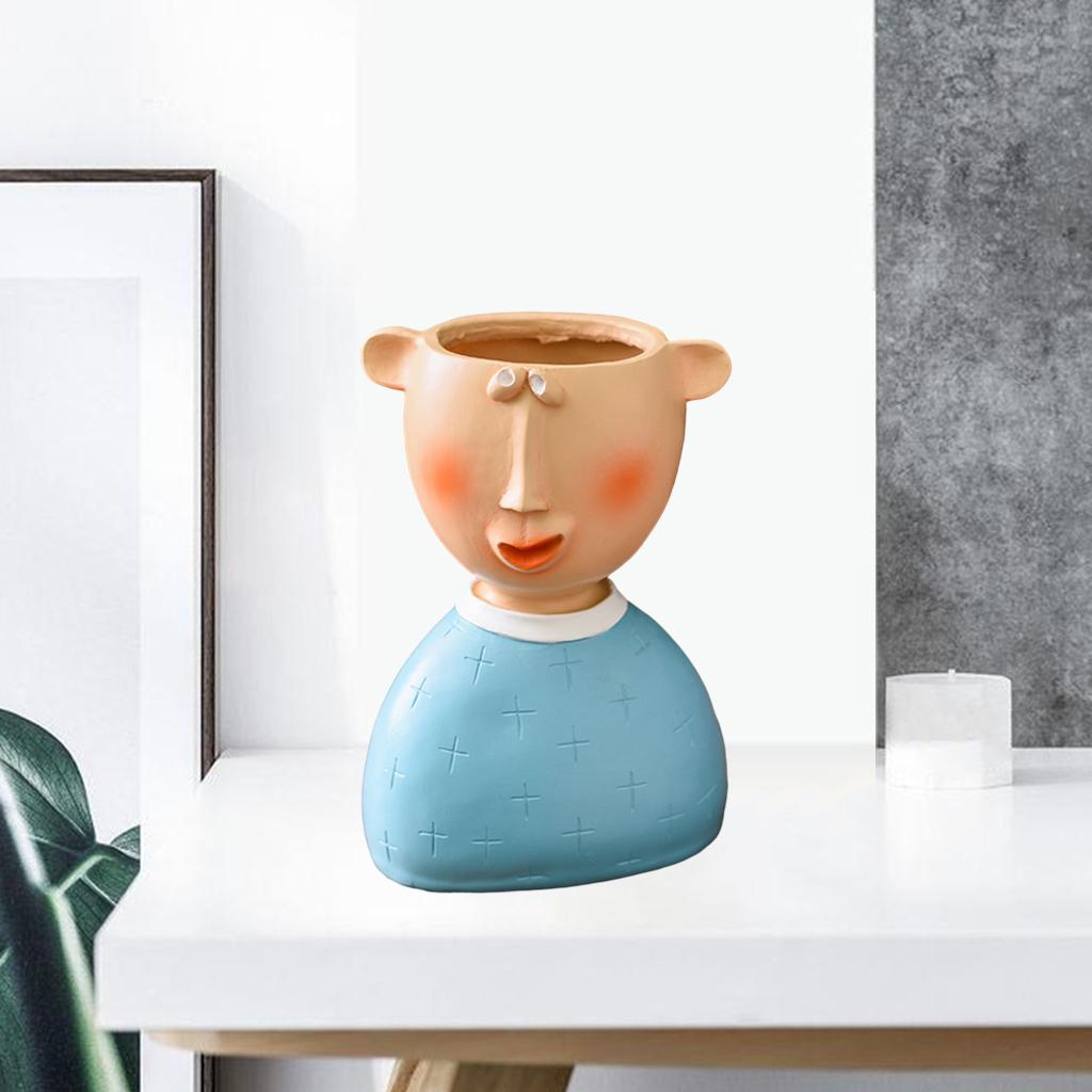 Human Head Flower Pot Cute Portrait Fleshy Succulent Bonsai Planter Blue