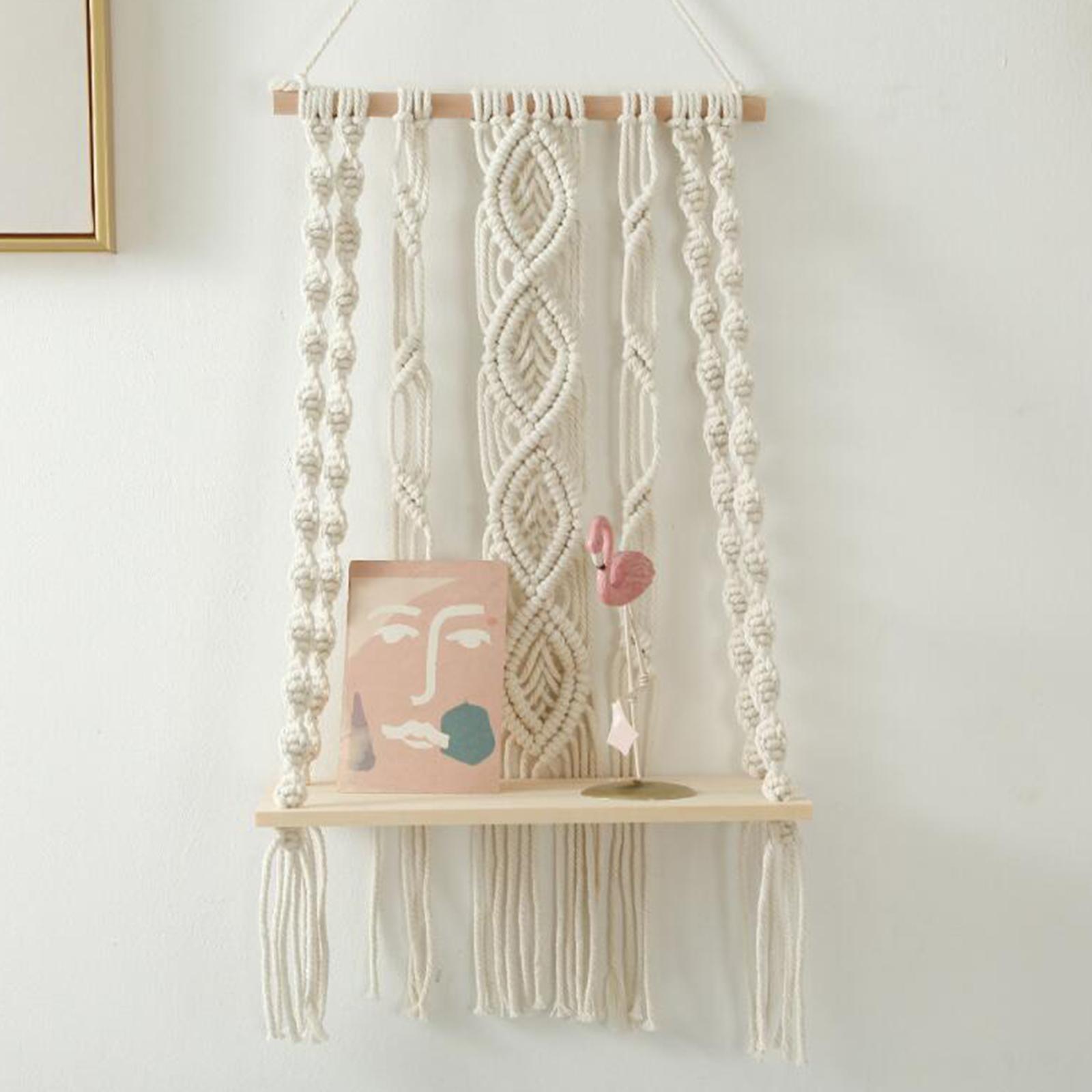 Boho Macrame Tassel Tapestry Wall Hanging Shelf Wooden Rack for Home Style D