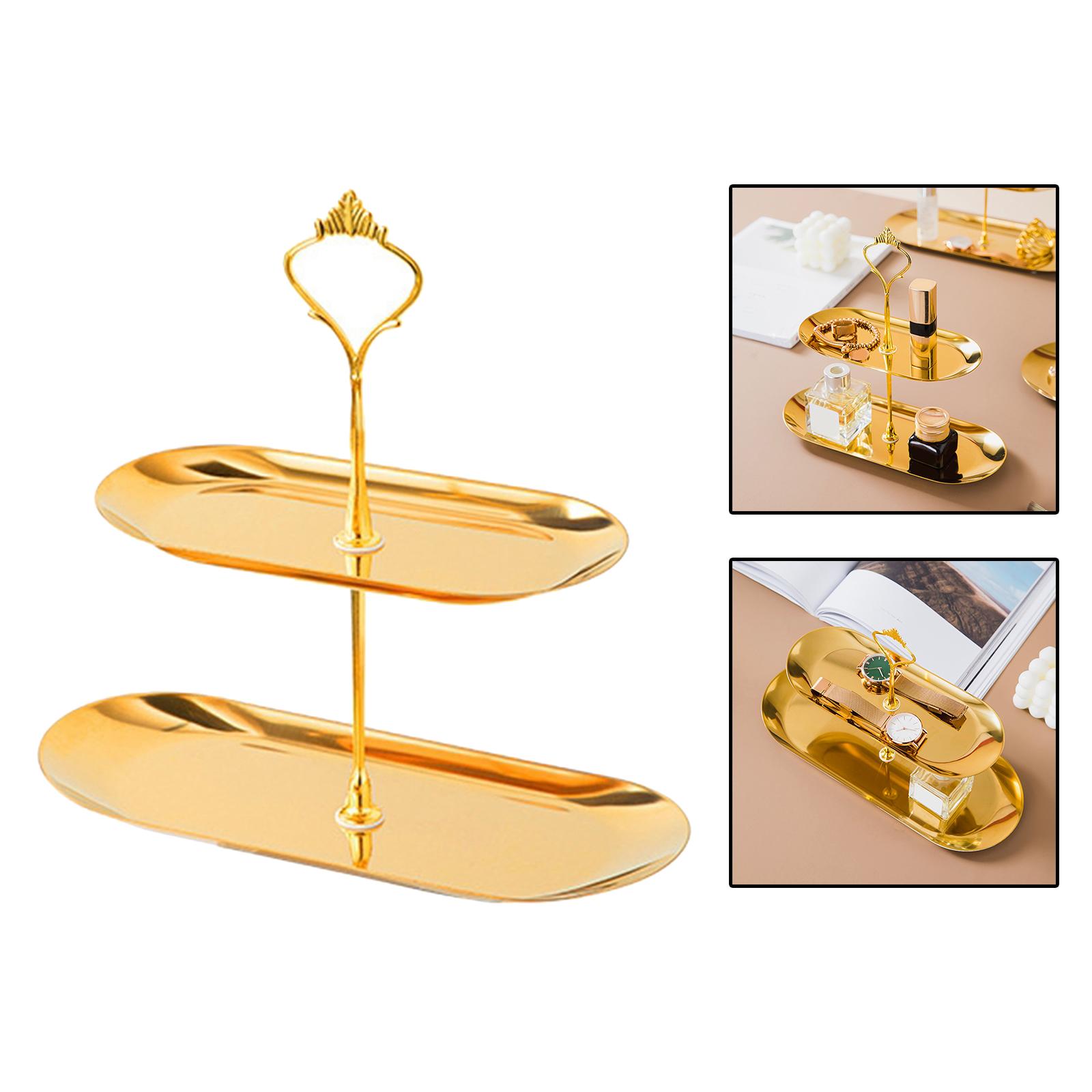 Gold Plated Stainless Steel Jewelry Tray Dish for Glasses Vanity Bathroom Small 2 Tier