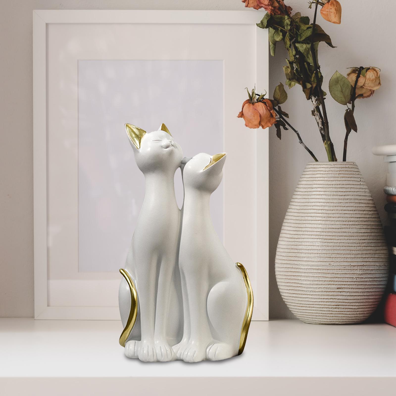 Couple Cat Statues Animals Sculpture Desktop Kitty Figures Resin Figurines White