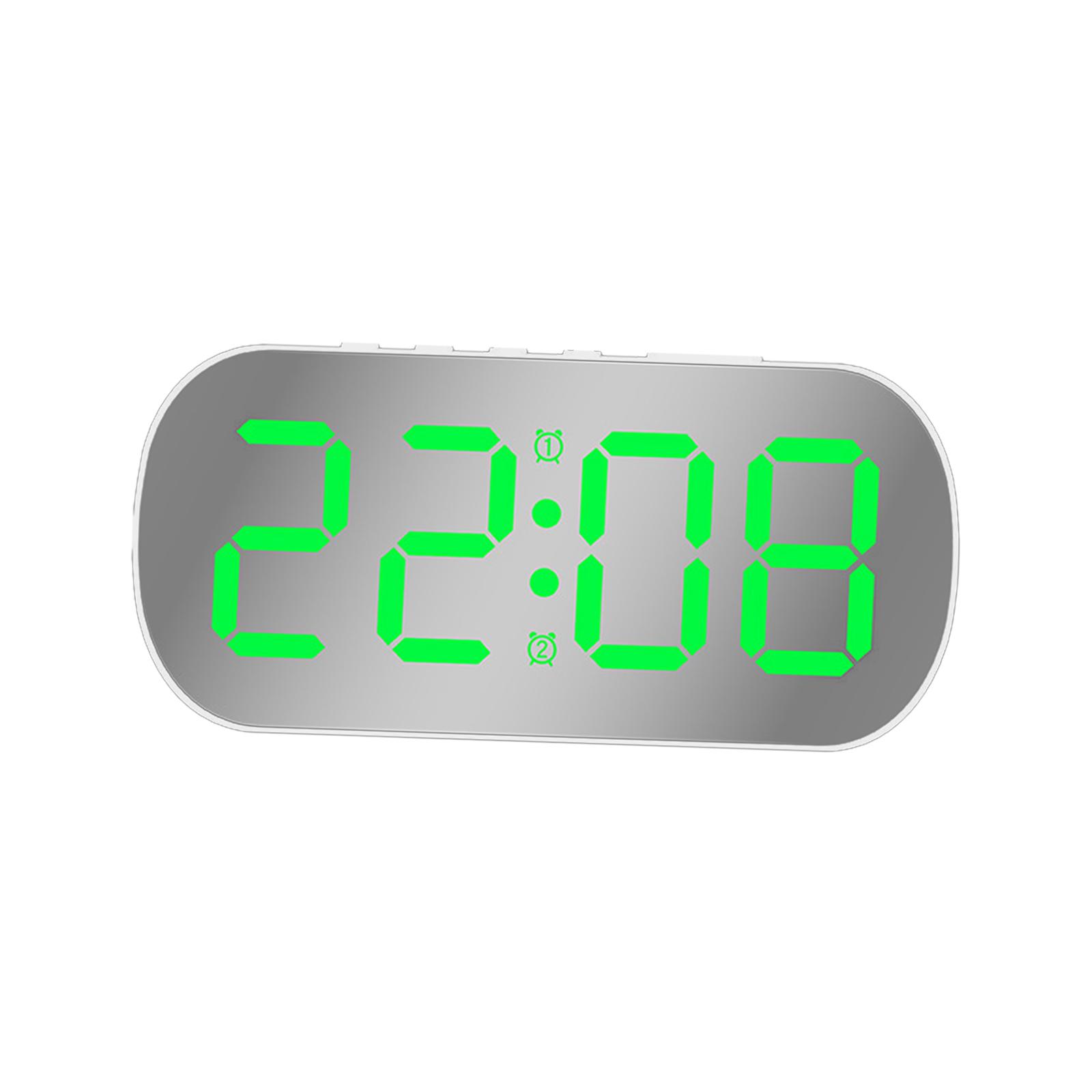 Digital Alarm Clock Mirrored Large Display 5 Adjustable Brightness LED Clock White Green LED