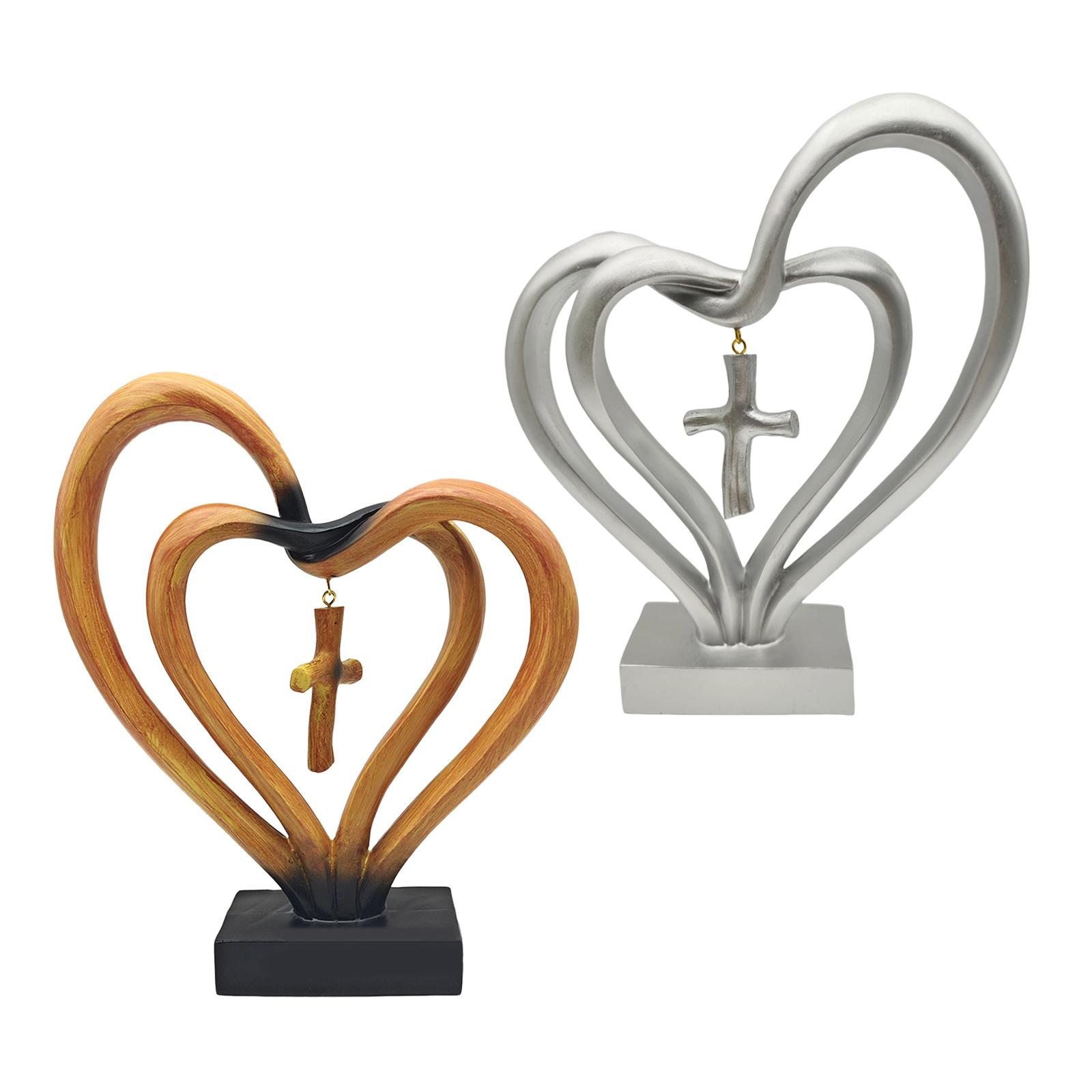 Resin Double Heart Statue Sculpture for Bookshelf or Office Desktop Artistic Brown
