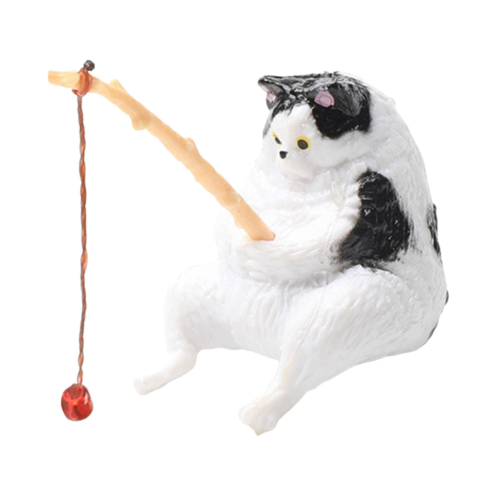 Cat Fishing Figurine Decorative Kitten Fishing Ornament for Garden Black White Cat