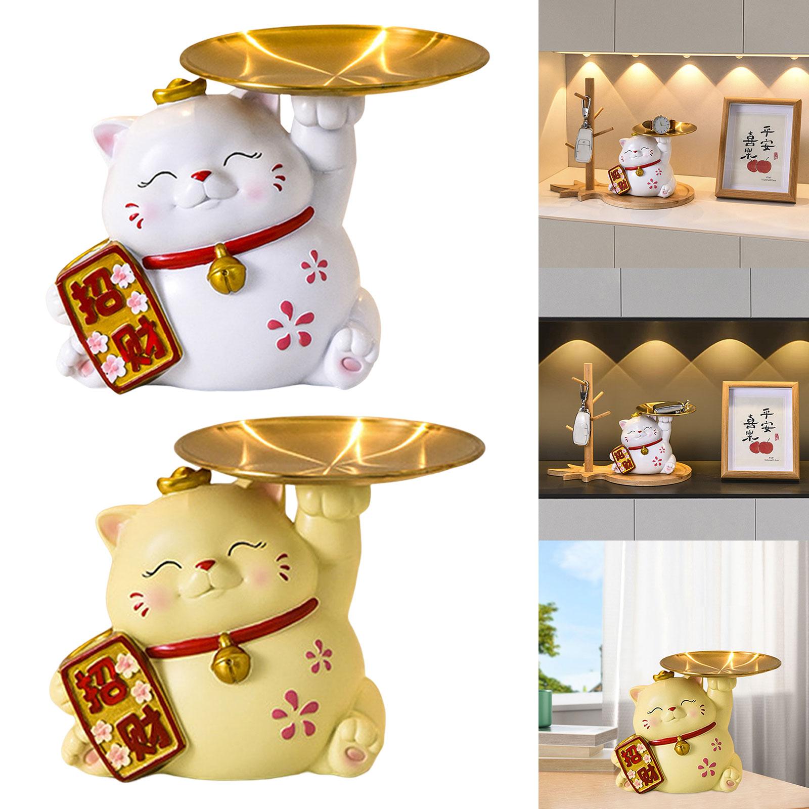 Lucky Cats Statue Home Decoration Keys Holder Sculpture Jewelry Trinket Tray White
