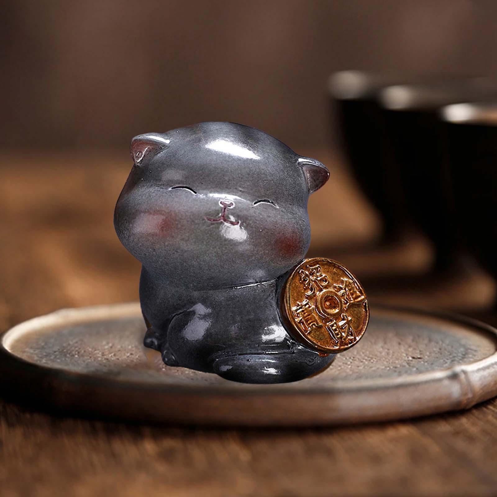 Tea Pet Cat Resin Crafts Cute Kitten Animal Sculpture for Bookcase Table Car Style C