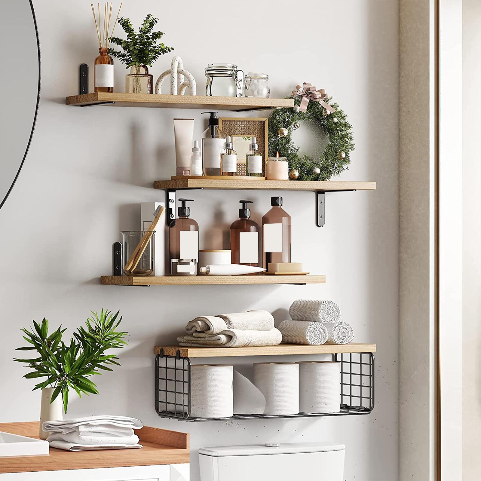 Bathroom Floating Shelves with Storage Basket Rack Wall Mount Floating Shelf