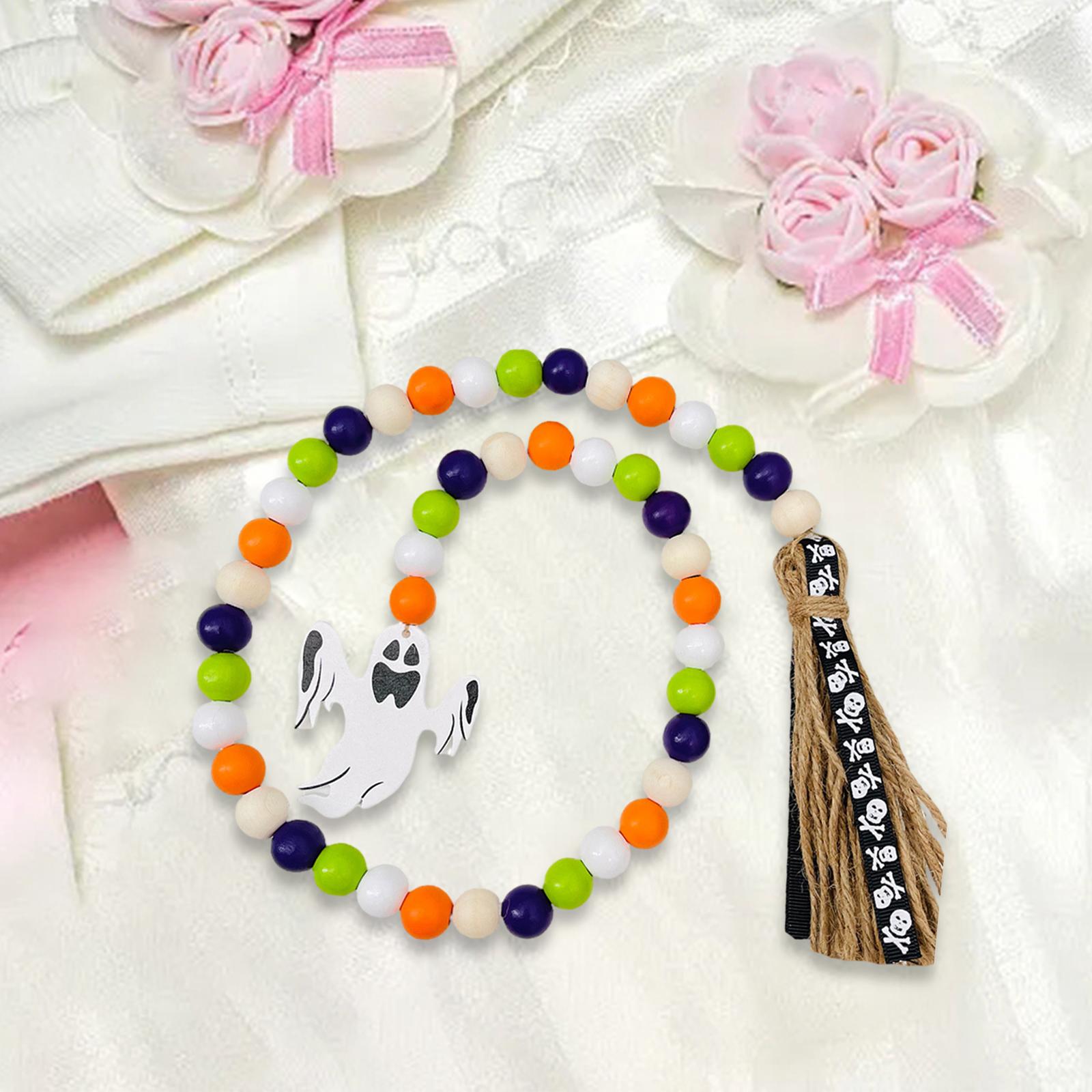 Halloween Wood Bead Garland with Tassels Art for Home Bedroom Party Supplies White Pendant