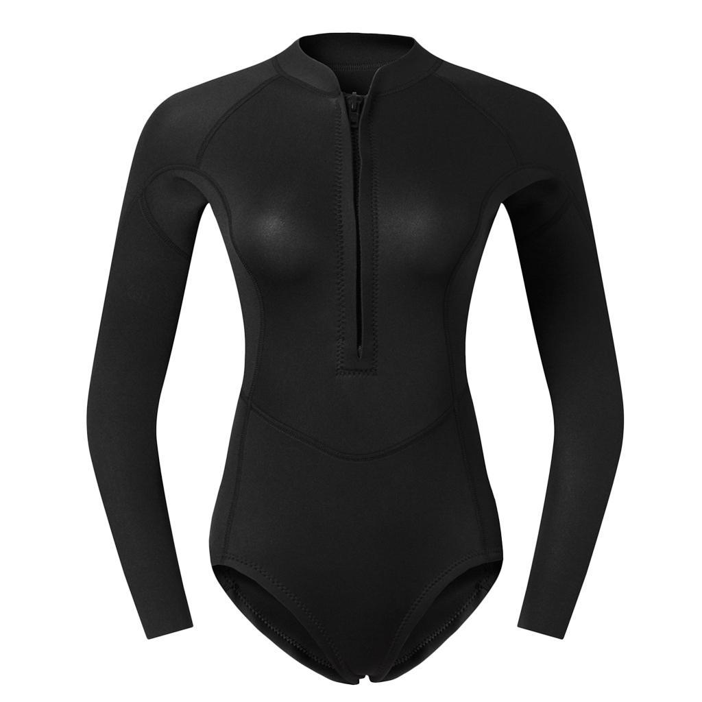 Women Neoprene Sleeve Wetsuit Front Zip Diving Bikini Suit Black  XS