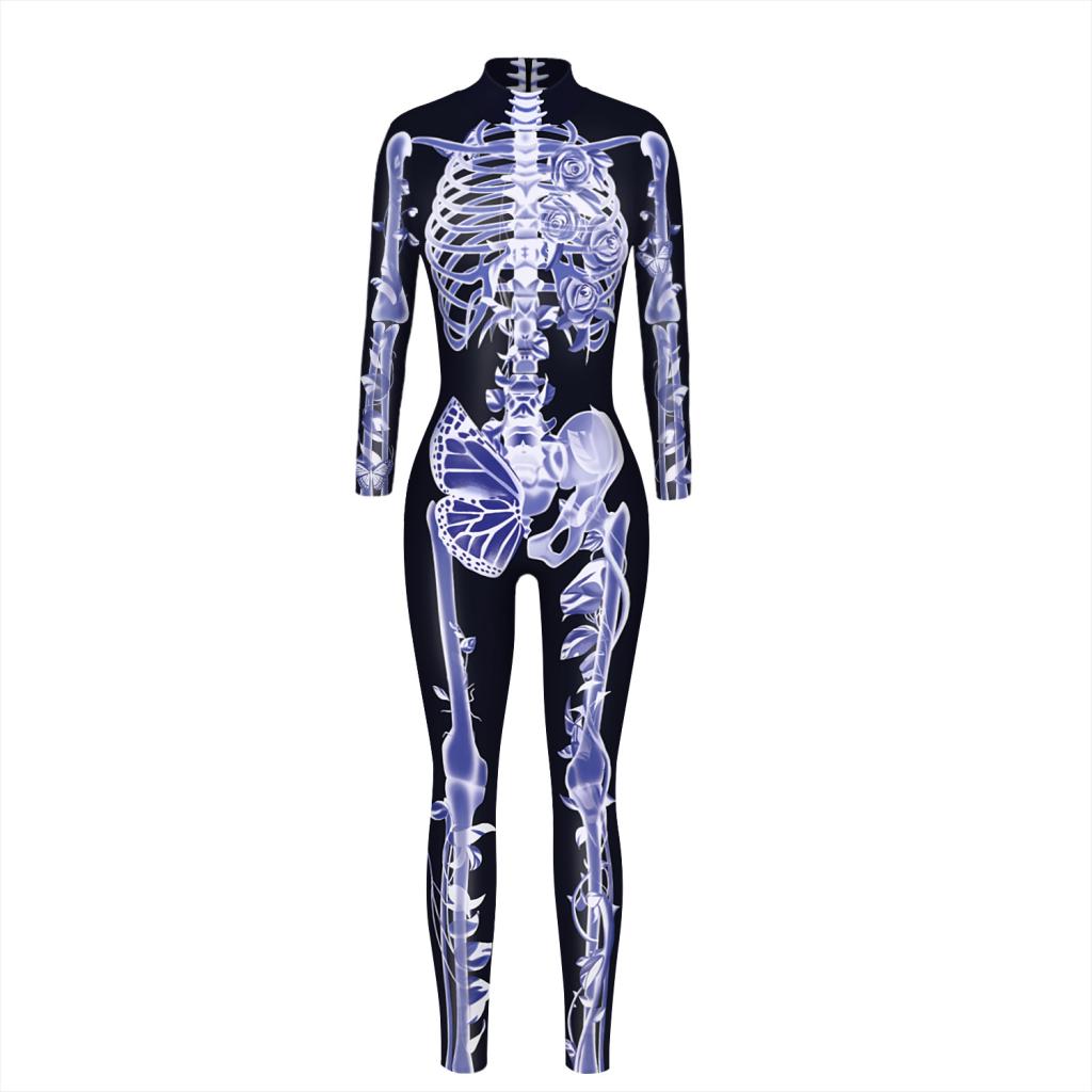 Halloween Skeleton Costume Women Horror Carnival Catsuit Jumpsuit Black M 