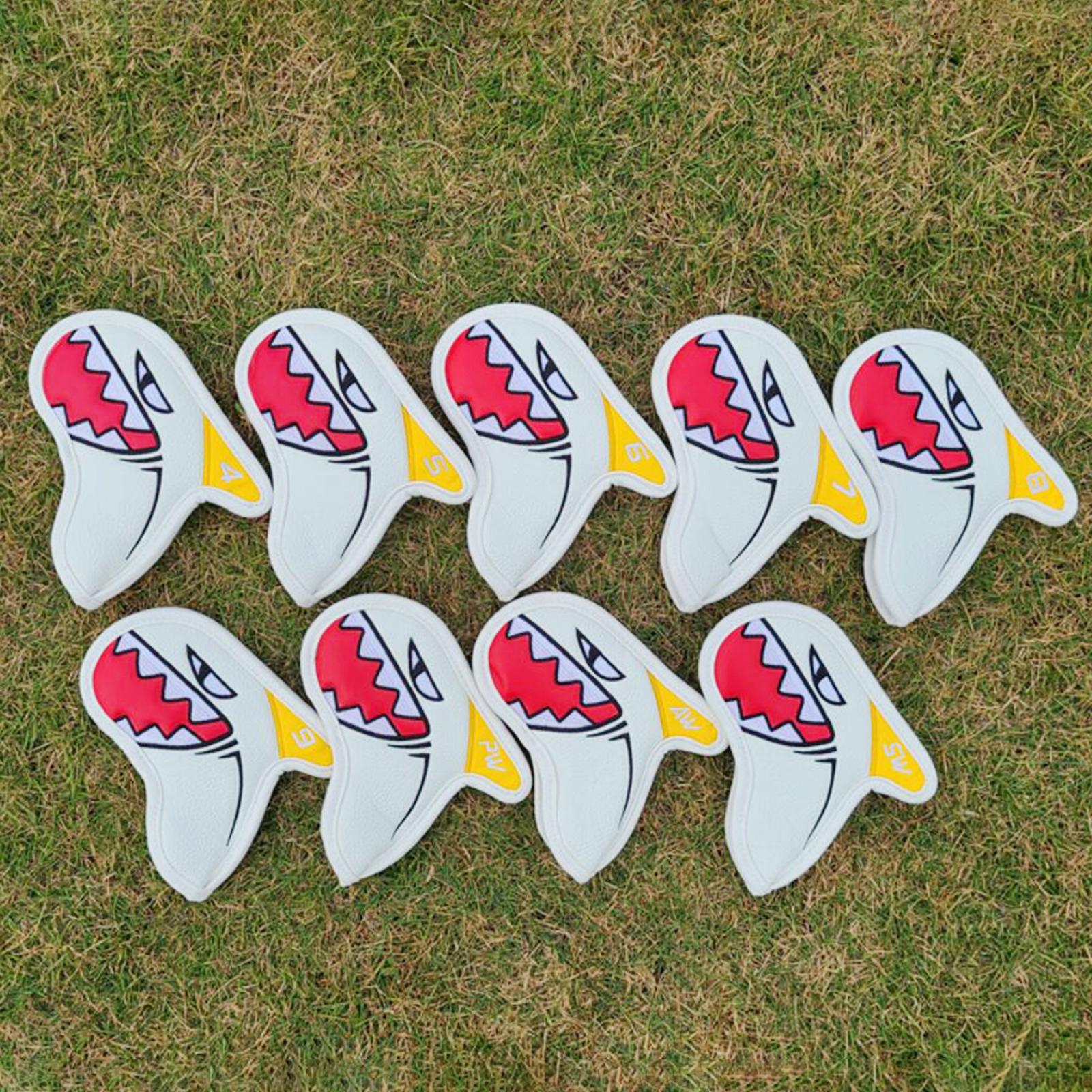 9x Shark Golf Iron Head Covers Leather PU Golf Club Headcovers  White
