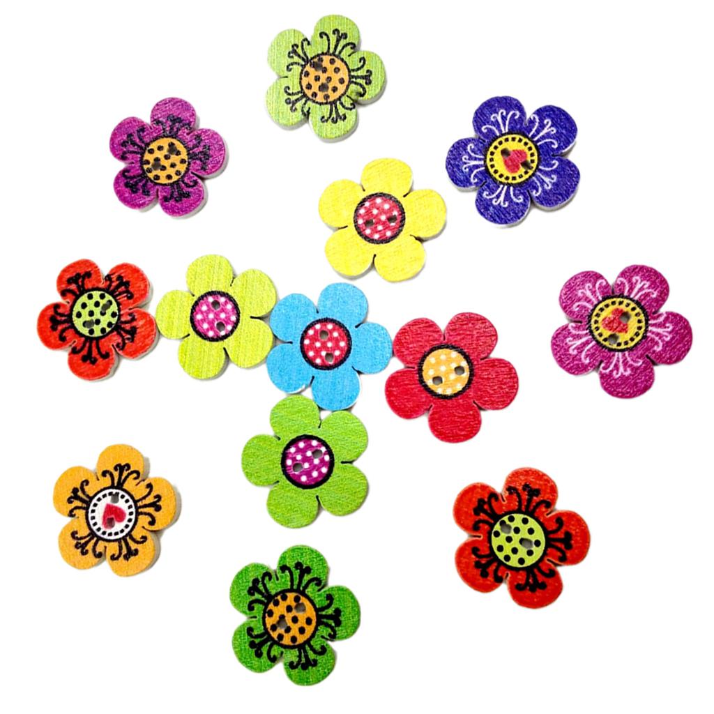 100Pcs Assorted Flower Shape Wooden Buttons for Sewing and Crafts 20mm