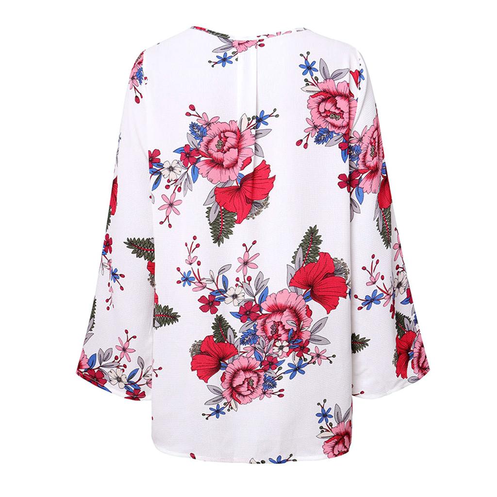 Women's V-Neck Bell Sleeve Blouse Floral Print Wrap Front Top Shirt L White