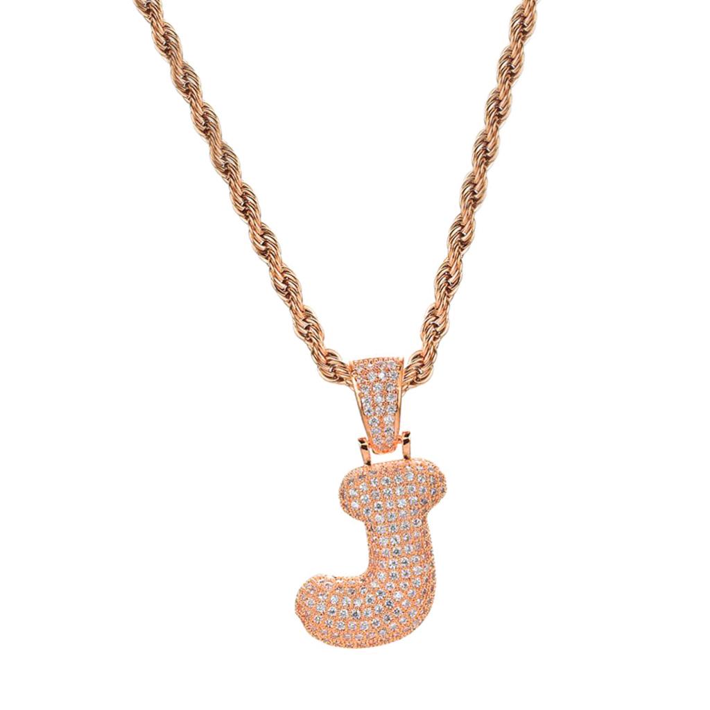 18k Golden Hip Hop Zircon Paved Letter J Pendant Necklace Rose Gold