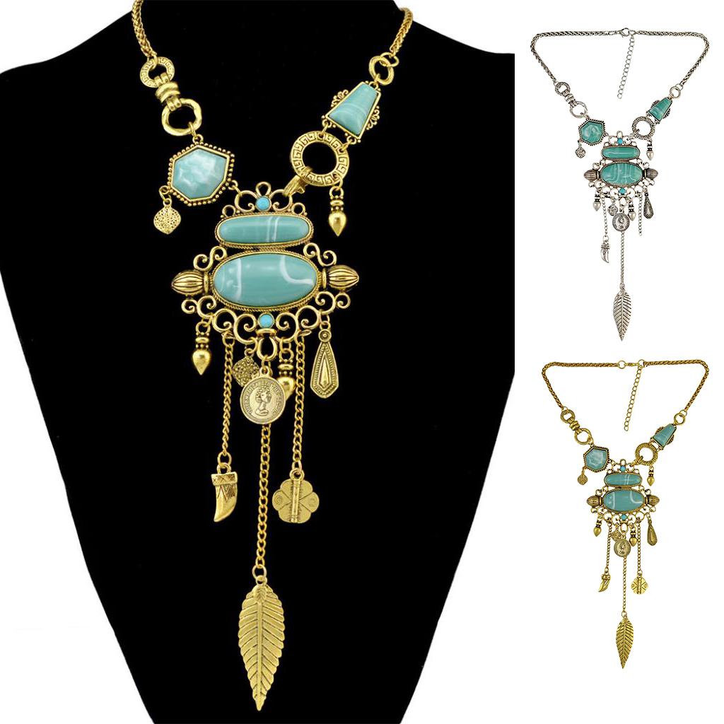 Ethnic Jewelry Turquoise Tassel Choker Bohemian Statement Necklace Gold