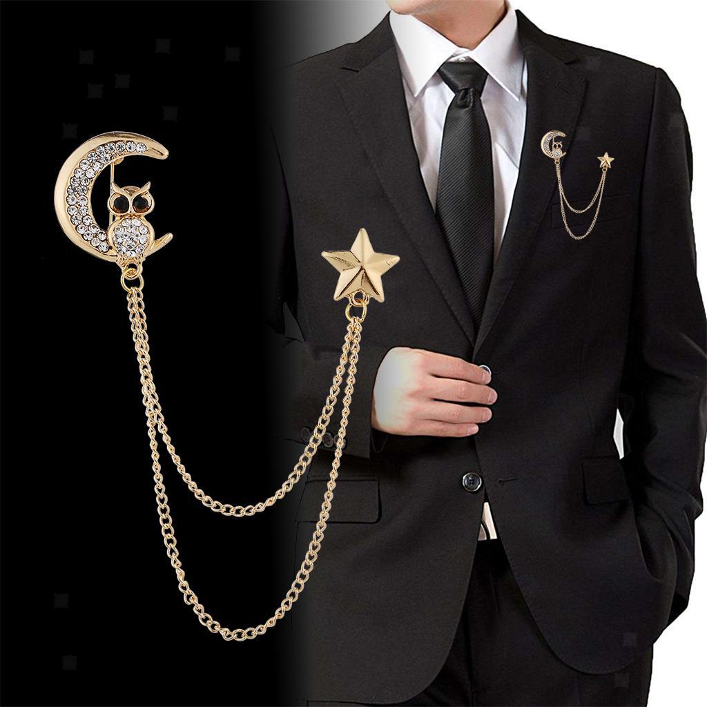 Men's Elegant Lapel Pin Badge with Chain Link Owl Brooch Pin for Suit