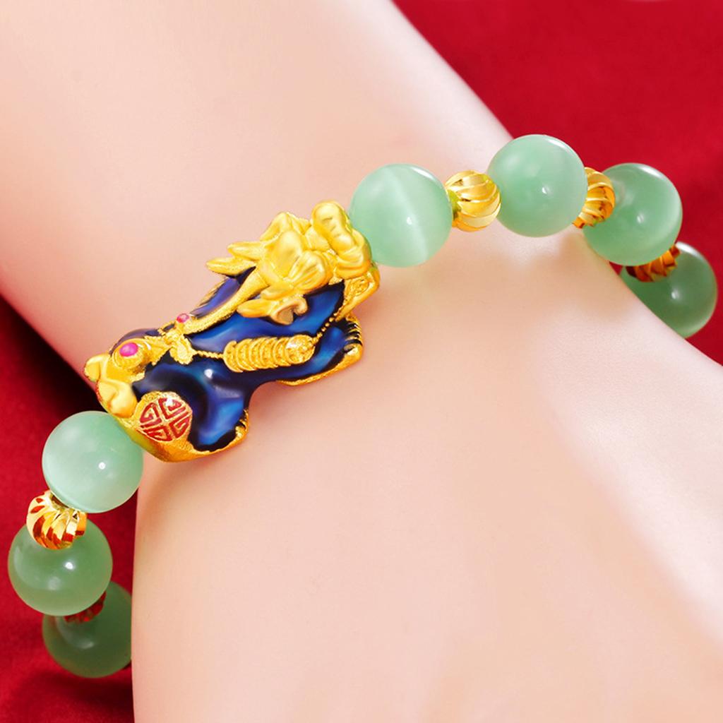 Chinese Feng Shui Obsidian Bead Pixiu Charms Bracelet Jewelry Light Green