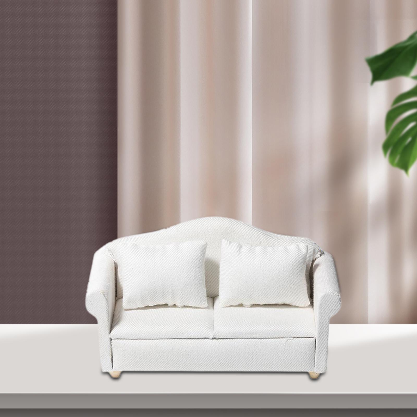 Pure White 1:12 Wood Sofa Dollhouse Miniatures Furniture with Cushion Accs