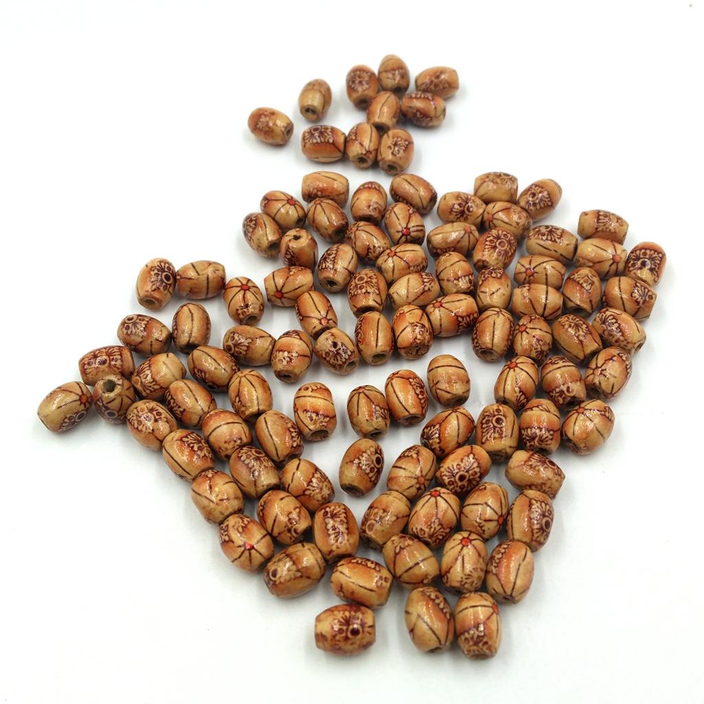 2x100 Pieces Printed Wooden Barrel Beads Large Hole European Beads 8x10mm