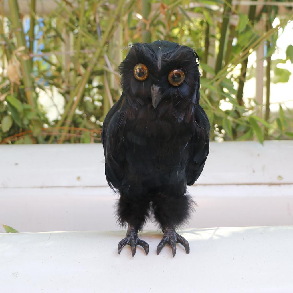 Artificial Feather Black Owl Figurine Statue 27cm Lawn Ornaments