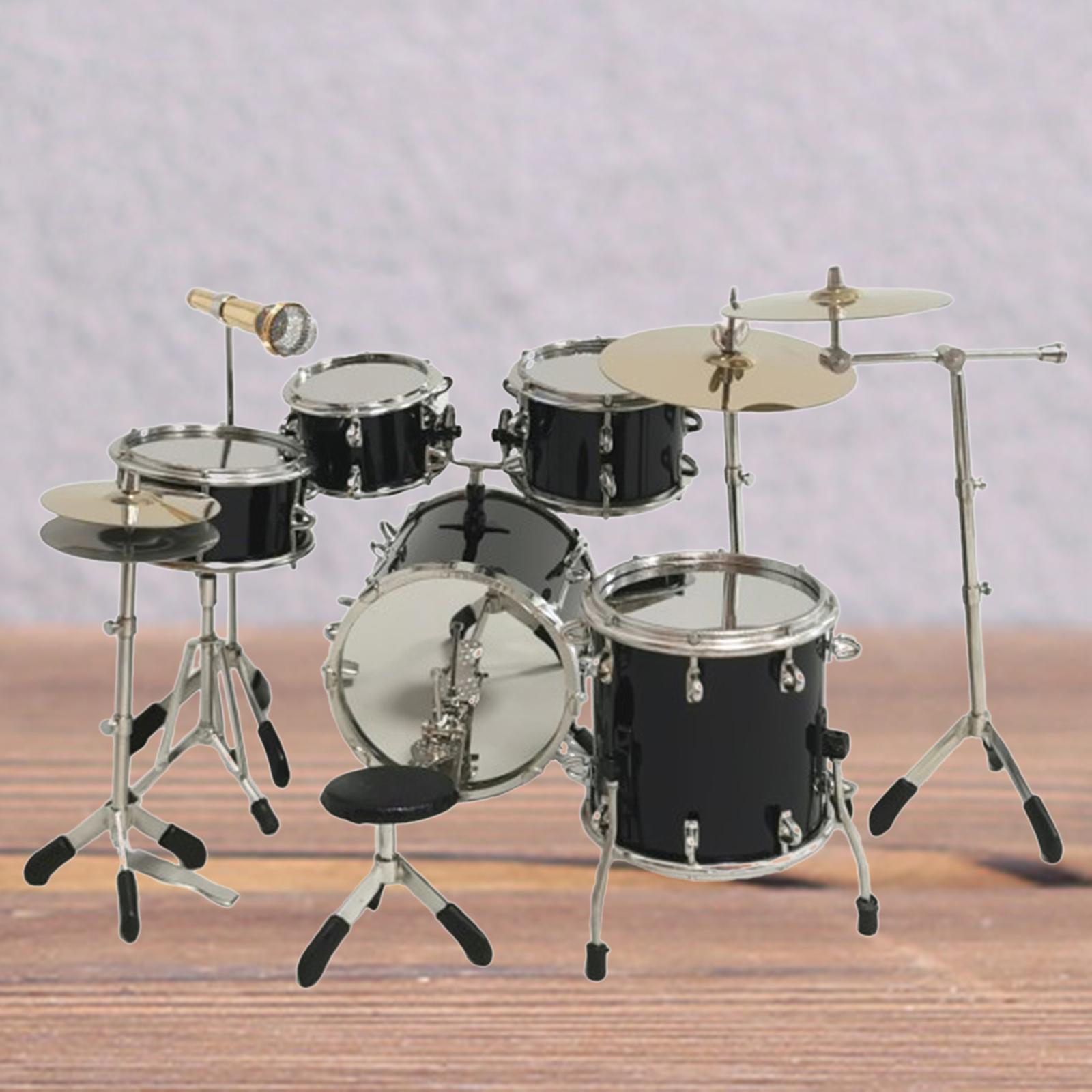8Pcs Miniature Drum Set Dollhouse Ornament for Bedroom Living Room Black