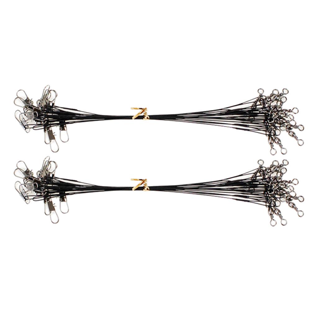 20pcs Fishing Wire Leaders with Safety Snaps and Barrel Swivels Black 20cm