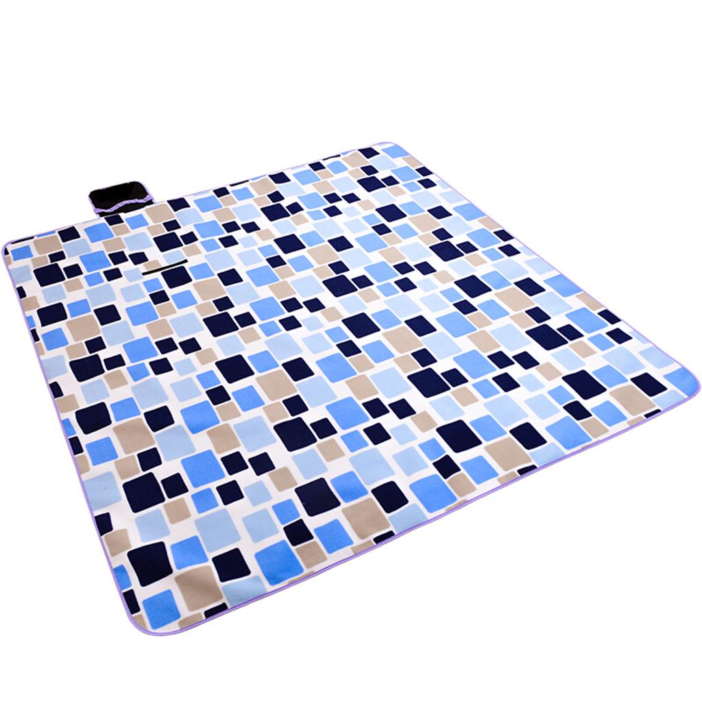 Picnic Blanket Beach Mat Waterproof Foldable 200x200cm Blue and Black Grids