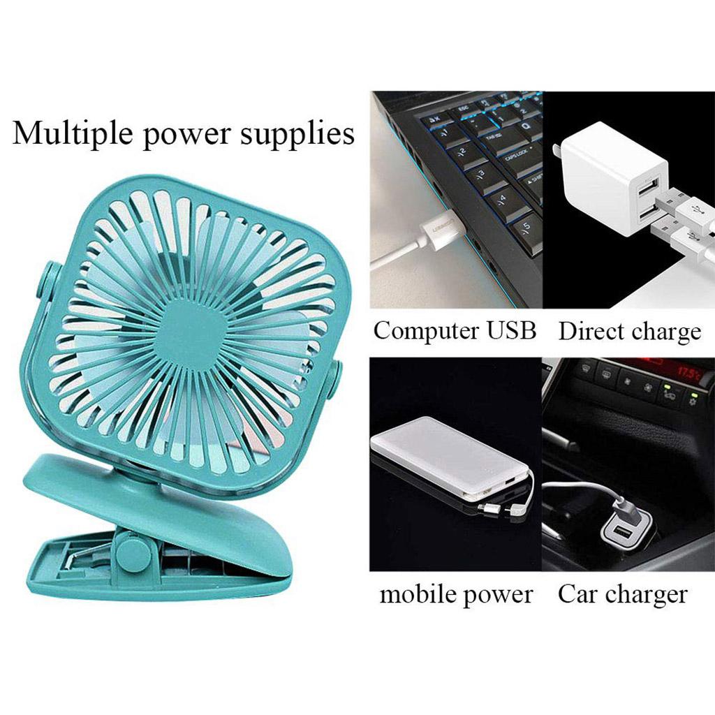 USB Mini Fan Rechargeable Clip Desktop Fan 2 Speed 600mAh Battery Blue