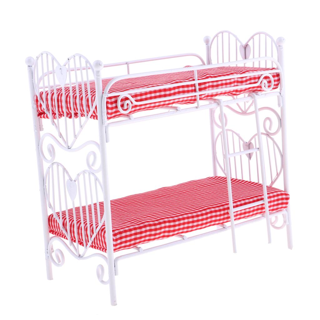 Dolls House Miniatures Bedroom Furniture Metal Bunk Bed with Plaid Mattress