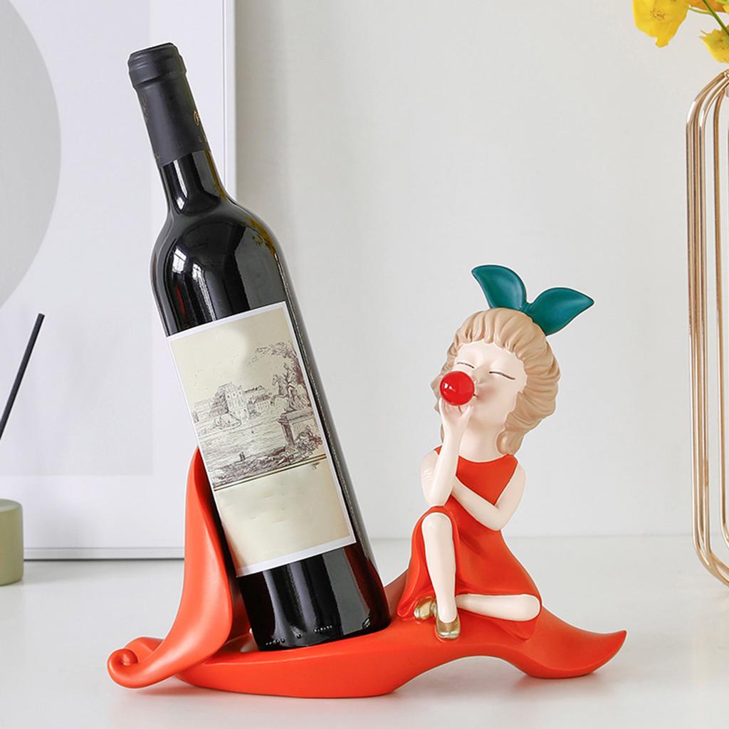 Nordic Bubble Blowing Girl Statue Wine Shelf Resin Wine Rack Orange