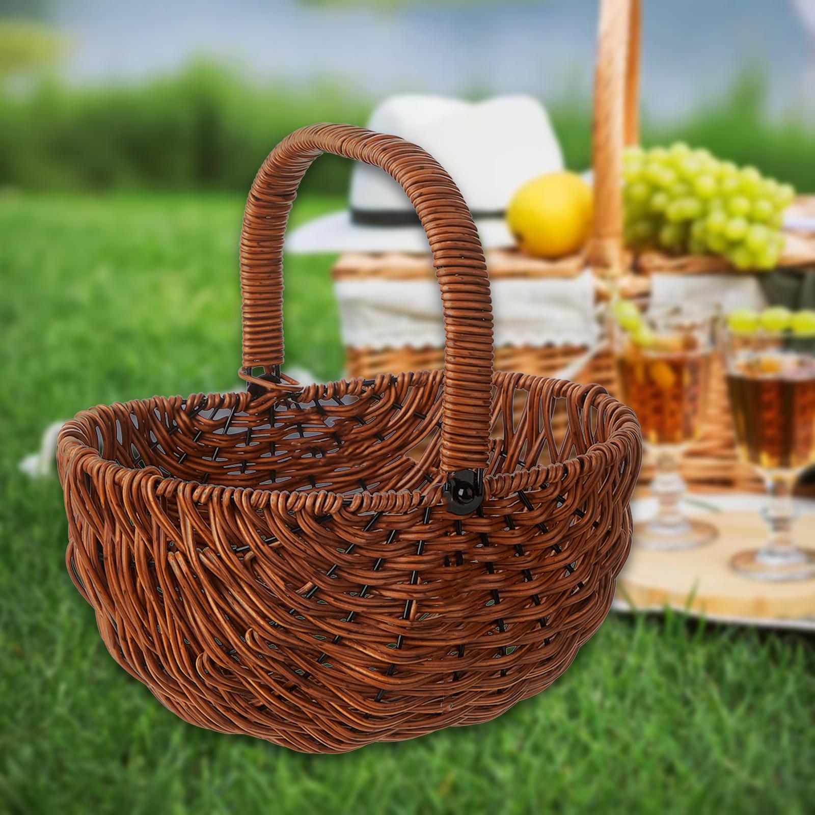 Imitation Rattan Picnic Basket Hand Woven Basket for Wedding Fruit Gathering Dark Brown