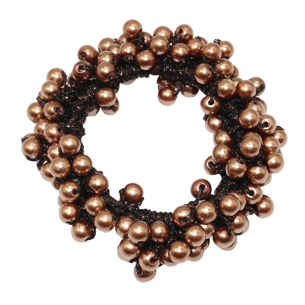 Womens Hair Scrunchie Ponytail Holder Elastic Pearls Hair Bands Dark Brown