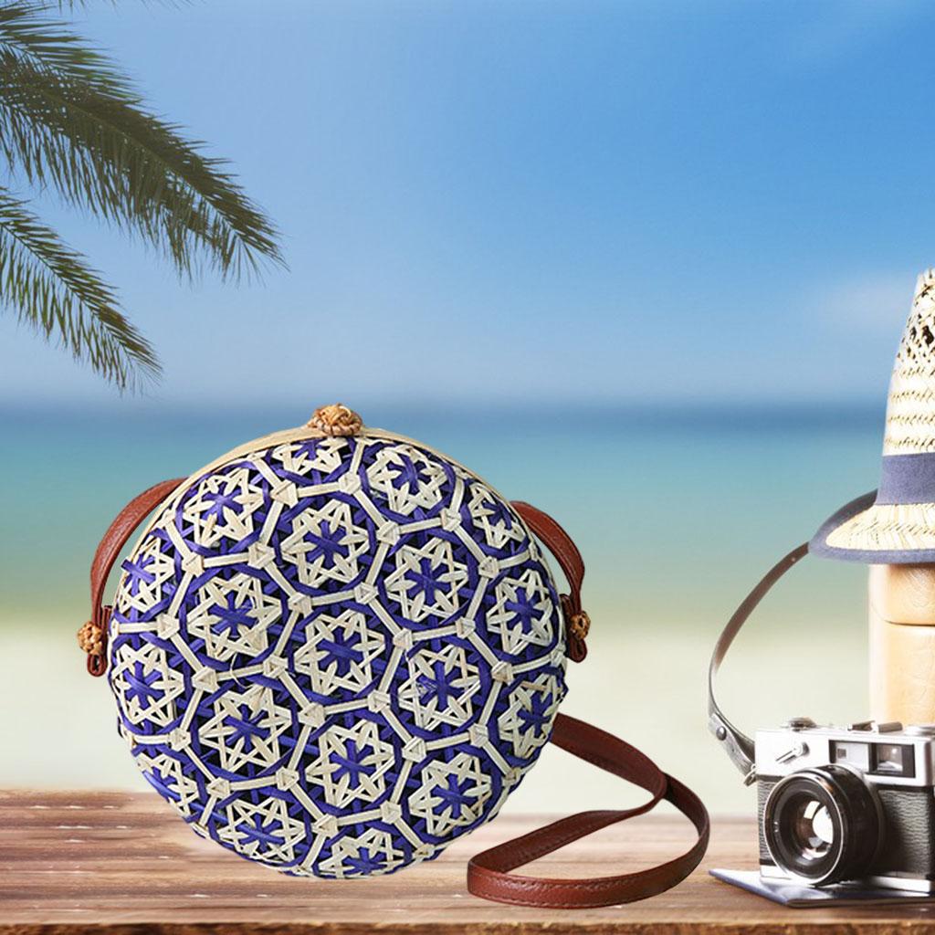 Crossbody Women Lady Round Bamboo Summer Woven Beach Shoulder Bag Dark Blue