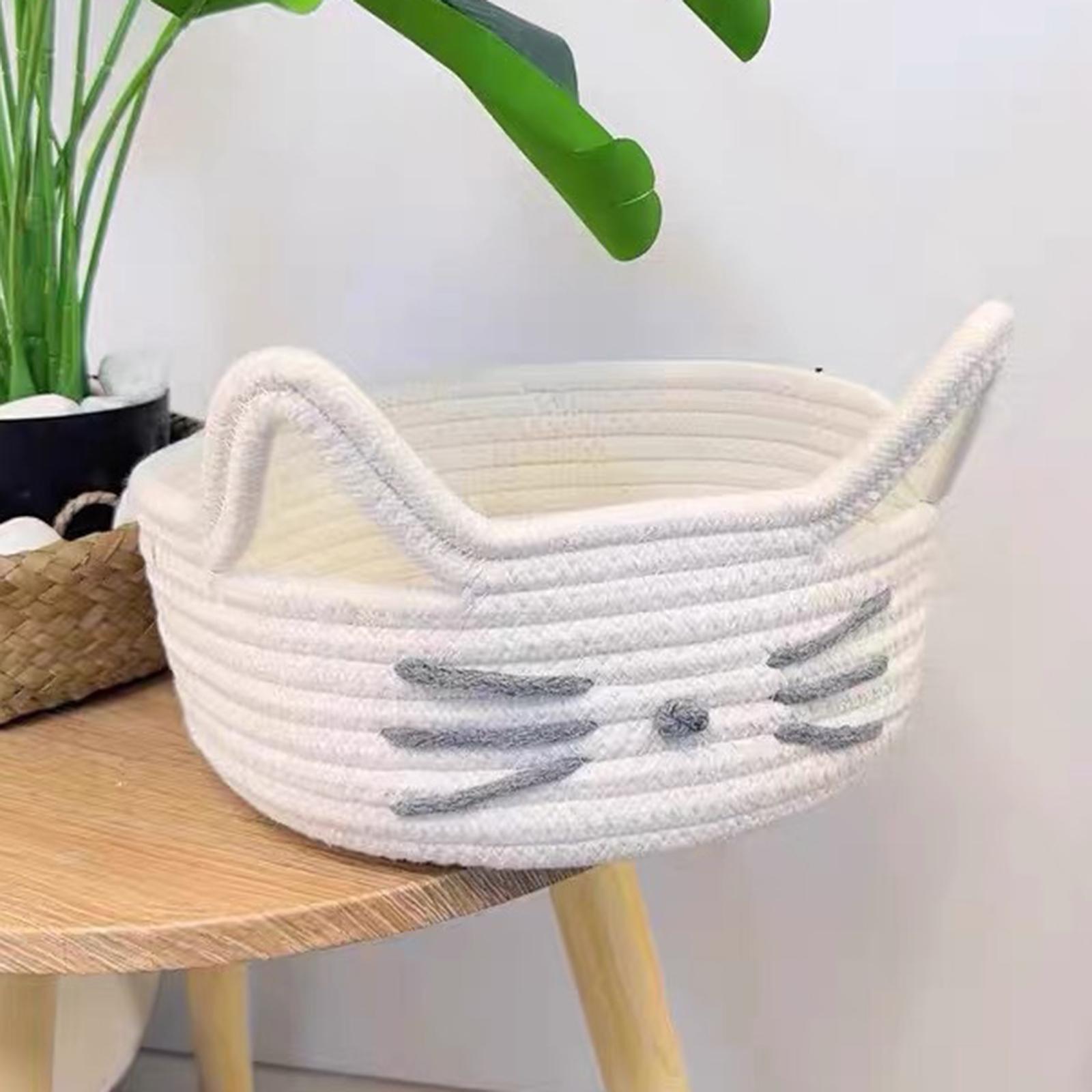 Cartoon Cat Cotton Rope Basket Lightweight for Hotel Drawing Room Restaurant Milky White