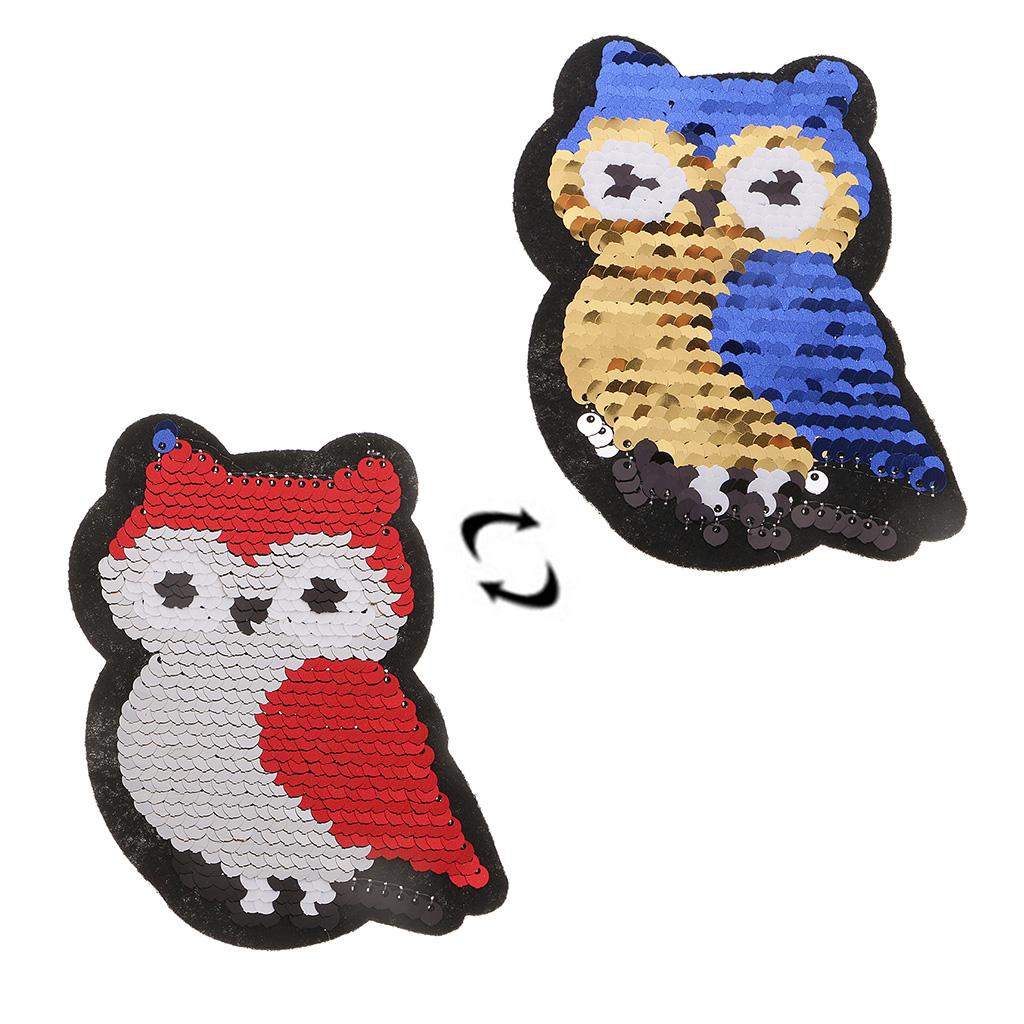 2xReversible Sequins Cartoon Owl Patch Badge Iron on Applique DIY Craft