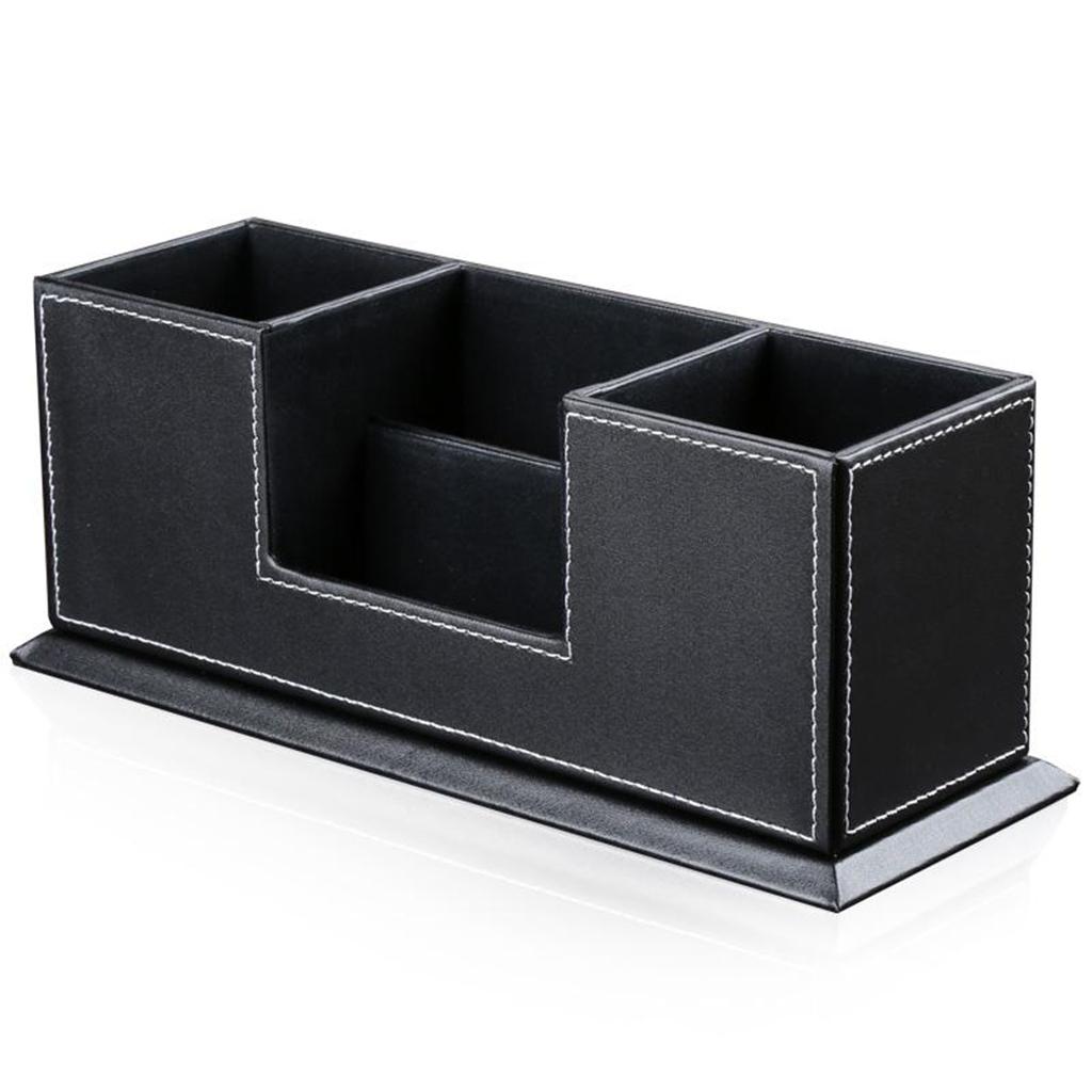 Multifunctional leather pen holder creative desk stationery storage box Black