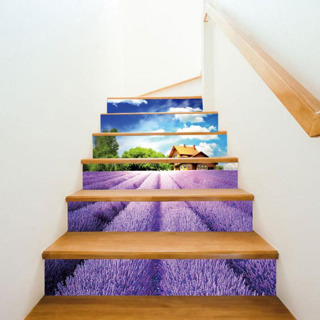 6pcs 3D Lavender Garden Stairway Murals Stickers Self Adhesive Stair Decals