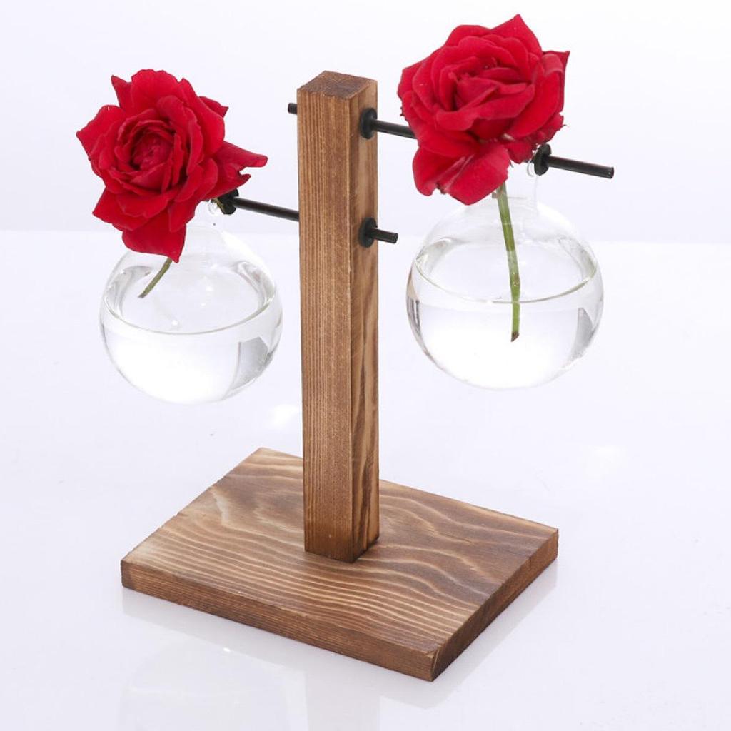 Desktop Clear Glass Planter Bulb Vase with Retro Solid Wooden Stand Style3