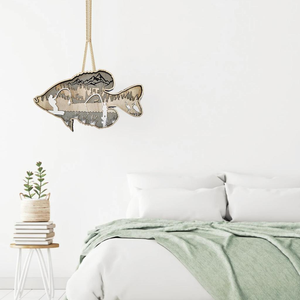 Wooden Fish Wall Hanging Art Decor Fishing Forest Animal Sculpture Bass