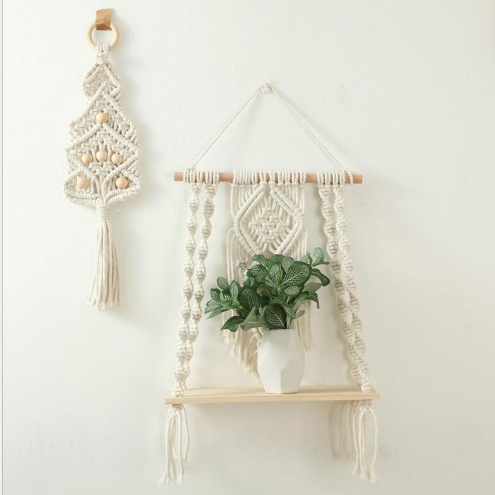 Boho Macrame Tassel Tapestry Wall Hanging Shelf Wooden Rack for Home Style E