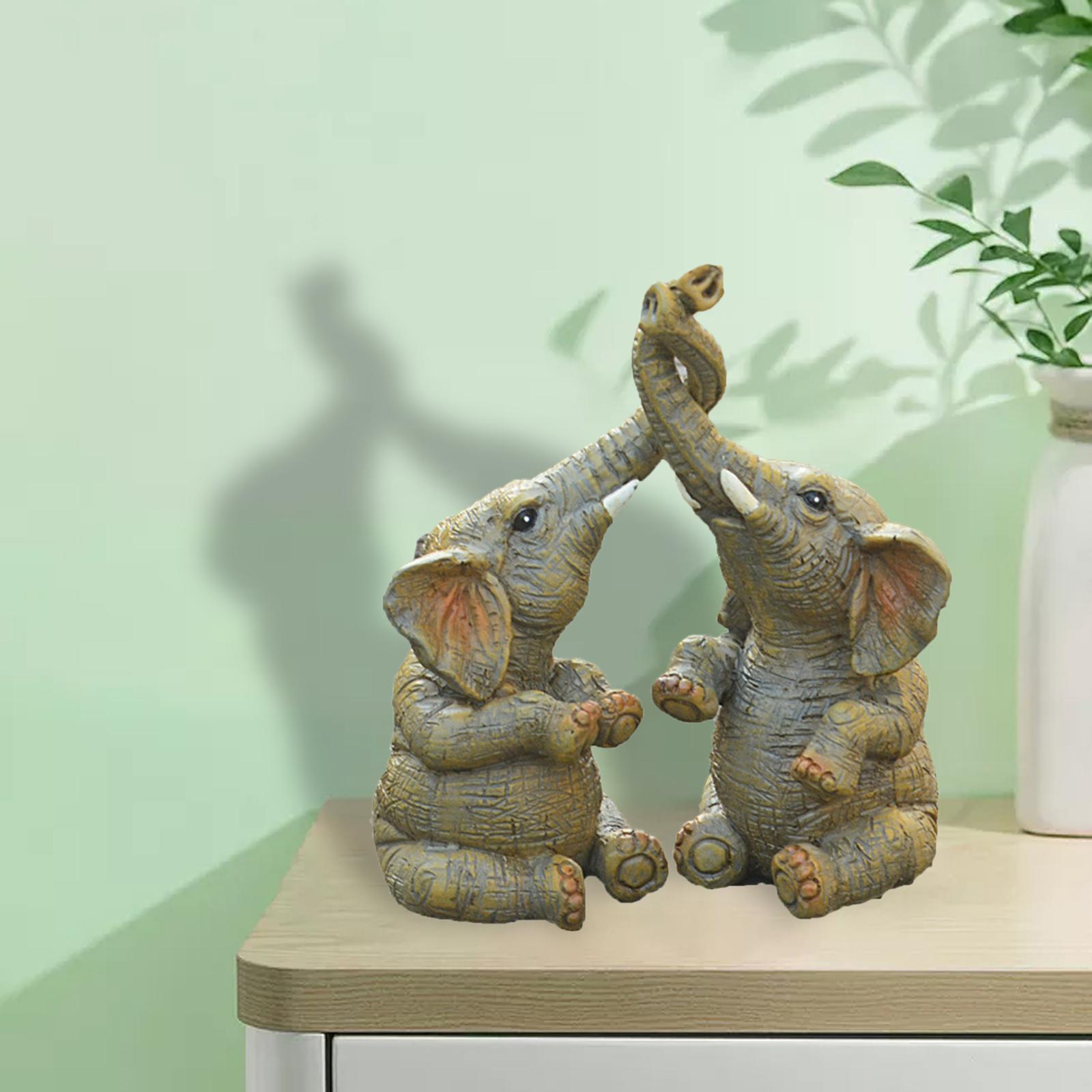 Couple Elephant Statue Sculptures Figurines Art Craft for Table Room Display