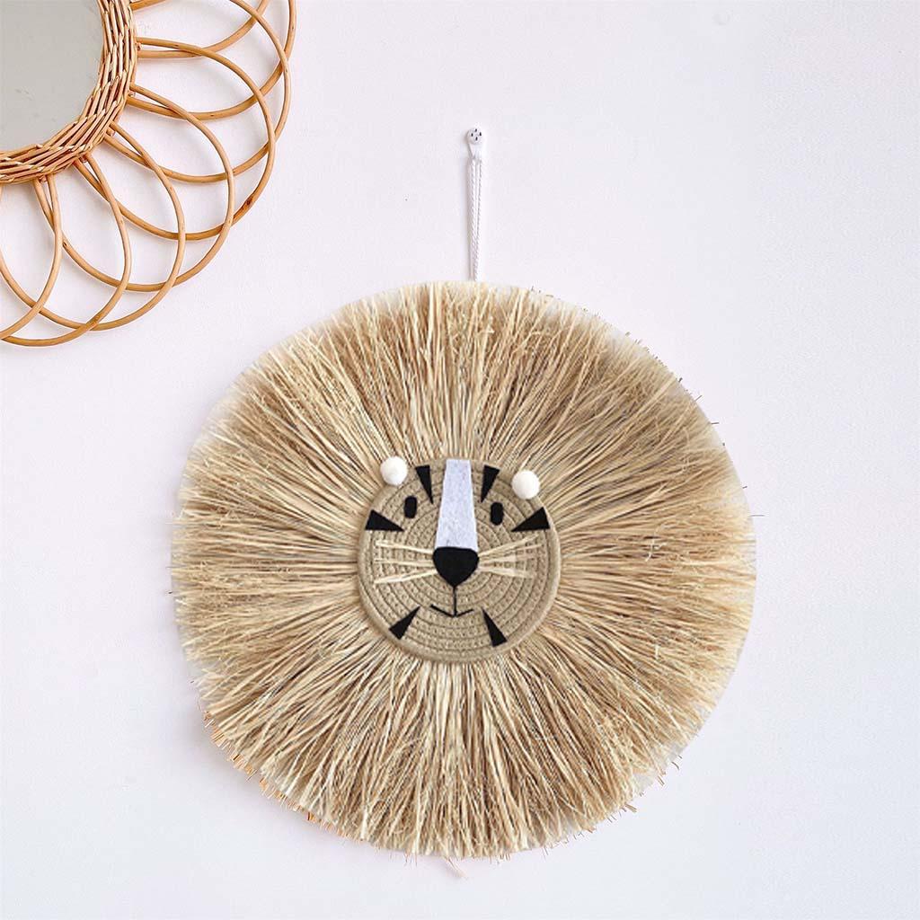 Handwoven Straw Cartoon Lion Tiger Tassel Wall Hangings Durable Nordic F