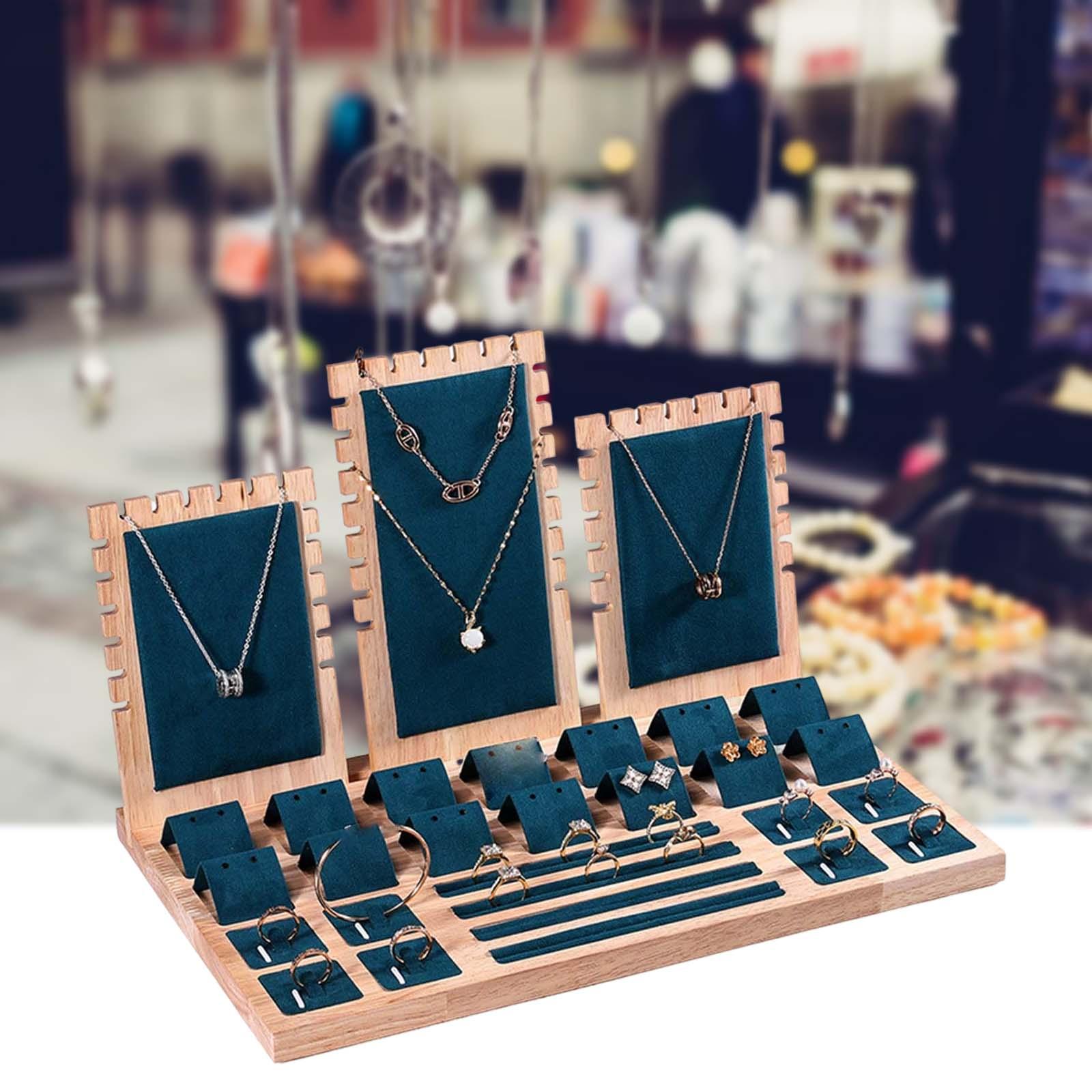 Jewelry Display Stand Bamboo for Earrings Rings Necklace Dark Green Velvet