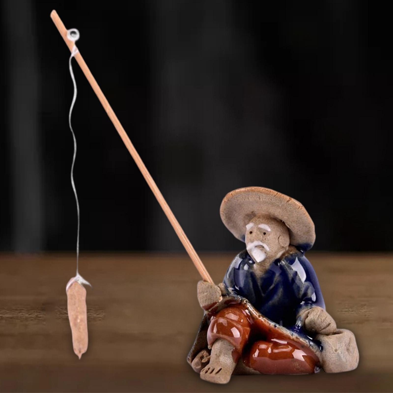 Miniature Fisherman Figurine Ceramic Sculpture for Bonsai Aquarium M