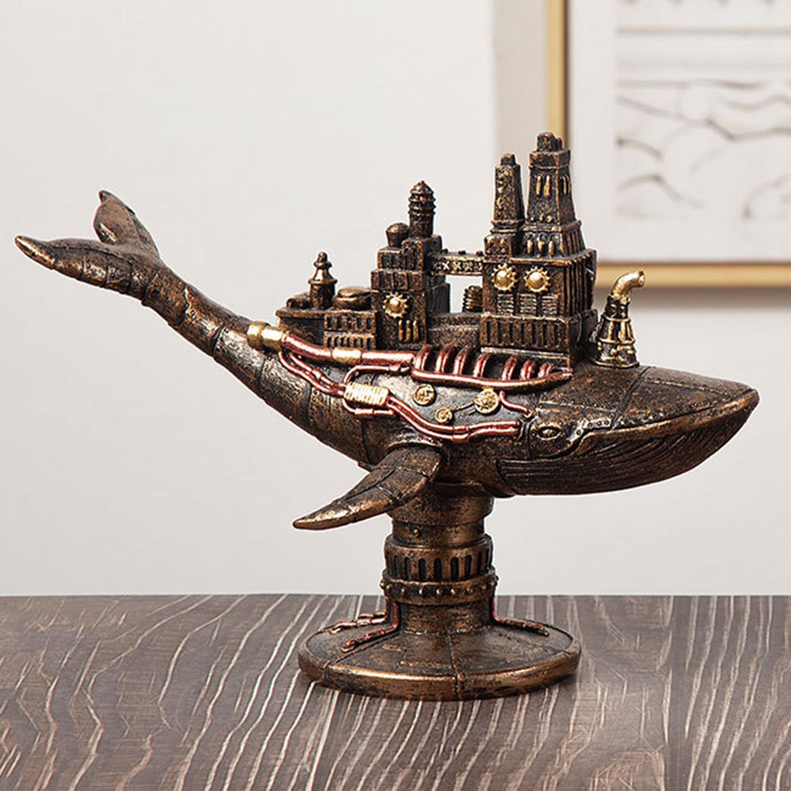 Steampunk Flying Fish Boat Statue Collectible for Home Decoration Gift